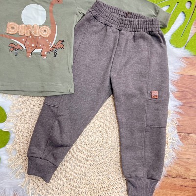 Conj. Blusa Manga Longa Dino e Calça de Moletom - Verde Musgo e Marrom